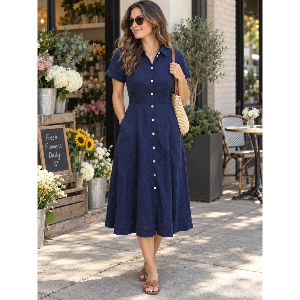 Hill House Home The Lily Dress Midnight Navy Blue 100% Linen A-Line Shirt Dress